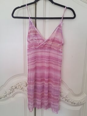 Y2K Sheer Mesh Pink Lavender Striped Slip Dress
